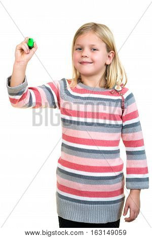 education, school and imaginary screen concept - cute little girl drawing in the air or imaginary screen