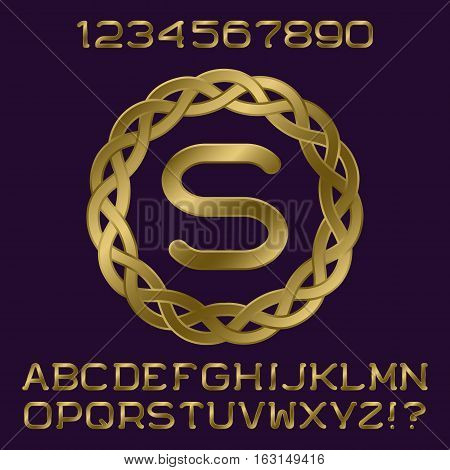 Golden gradient letters and numbers with initial monogram in decorative frame. Stylish font kit for logo design.