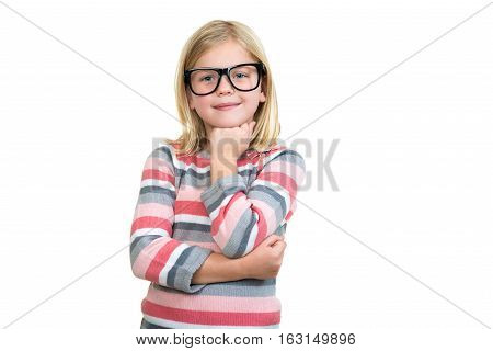 Adorable child in glasses thinking isolated on white.