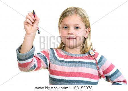 education, school and imaginary screen concept - cute little girl drawing in the air or imaginary screen
