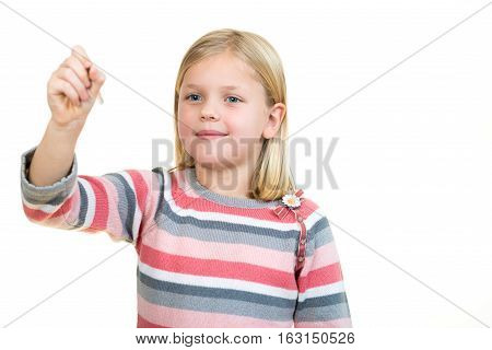 education, school and imaginary screen concept - cute little girl drawing in the air or imaginary screen