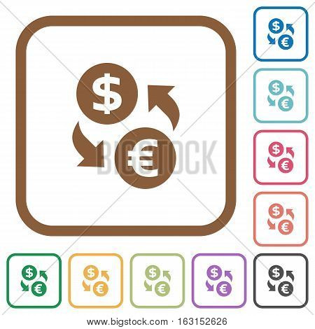 Dollar Euro exchange simple icons in color rounded square frames on white background