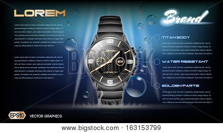 Digital vector dark silver classic man watch mockup with blue bubbles, with your brand, ready for print ads or magazine design. Glossy and shine, realistic 3d style
