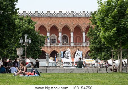 PADUA, ITALY - MAY 3, 2016: Lodge Amulea in the Great piazza of Prato della Valle also known as Ca' Duodo Palazzo Zacco in Padua Italy
