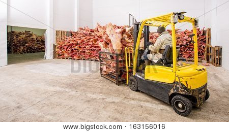 Stored frozen meat at a meat factory before processing