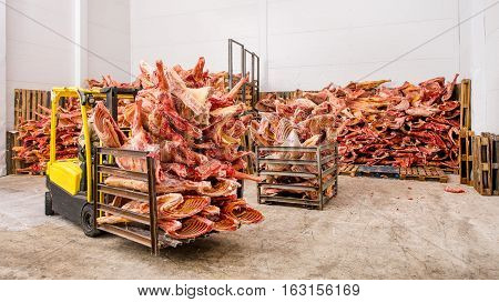 Stored frozen meat at a meat factory before processing