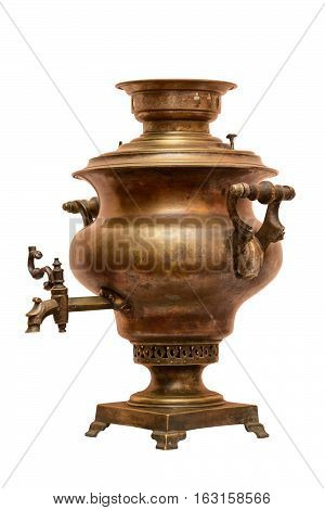 Copper samovar. Antique household items. Isolated white background.