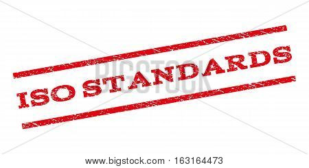 ISO Standards watermark stamp. Text caption between parallel lines with grunge design style. Rubber seal stamp with scratched texture. Vector red color ink imprint on a white background.