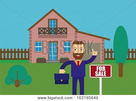 Real estate agent holding the document for the for sale house. Vector flat design illustration.