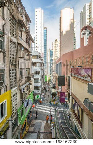 Hong Kong, China - December 4, 2016: aerial view of Central-Mid-Levels Escalator, the world's longest escalator system, on Shelley Street, from above Elgin Street in Soho district, Hong Kong island.