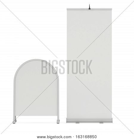 Blank Roll Up Expo Banner Stand and Sandwich board. Trade show booth white and blank. 3d render illustration isolated on white background. Template mockup for expo design. Blank menu outdoor display.
