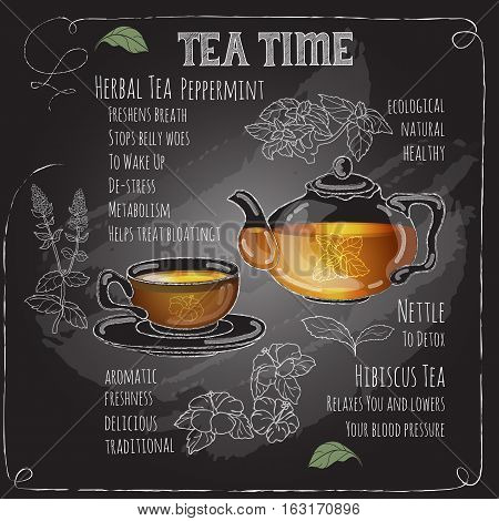 Herbal Tea Time card with cup, teapot, spoon, flowers  and  leaves.  Mint, Hibiscus.  Freehand drawing with imitation of chalk sketch. Hot beverage. White lines on dark background.