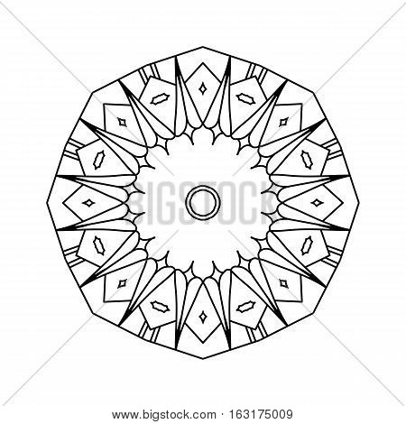 Hand-drawn decorative mandala illustration. Round black outline isolated on white background. Symmetric abstract floral web design element. Ornate geometric symbol. Coloring book page. Vector