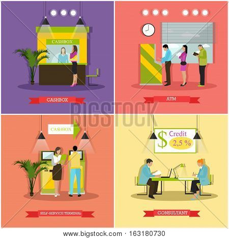 Vector set of banners, posters with cashbox, ATM, consultant, self-service terminal. Banking and finance concept design elements in flat style