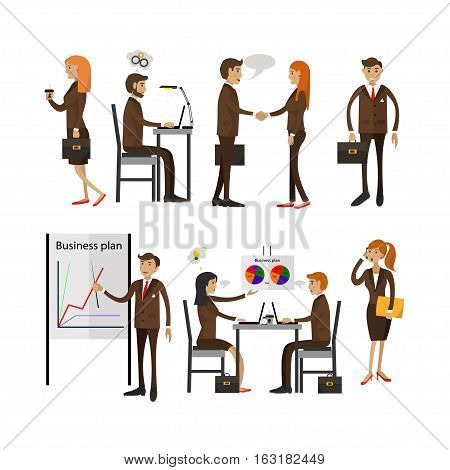 Vector set of office people characters isolated on white background in flat style. Business people having meetings, demonstrating business plan. Office life and supplies.