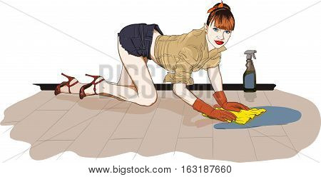 The pretty girl in pin-up in shorts, shirt, gloves and shoes with high heels standing washing the floor in a sensitive position