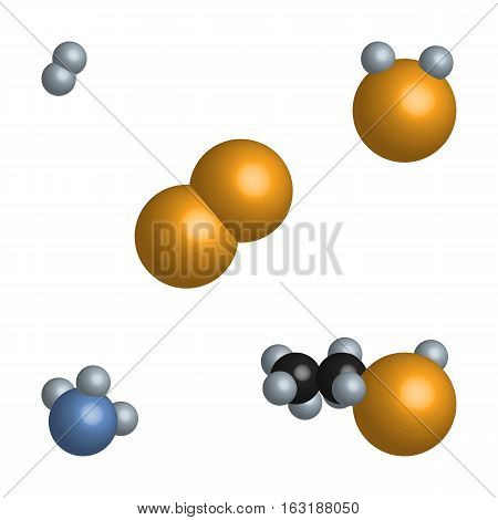 Illustration models of molecules of different substances. Hydrogen, oxygen, water, ammonia, alcohol. Note students on the structure and size of the molecules, asked the question: What are the particles are composed of hydrogen molecules, oxygen and water?