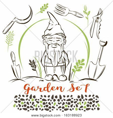 Vector Set of garden gnome with tools. For garden services logo