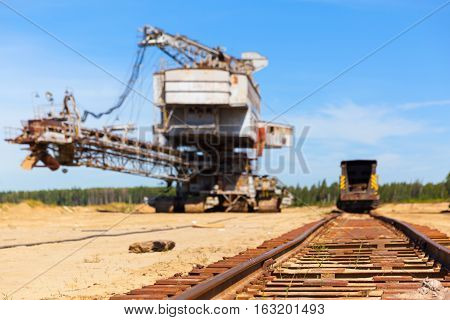 Railway in a career and multi bucket excavator, giant stacker, absetzer in career