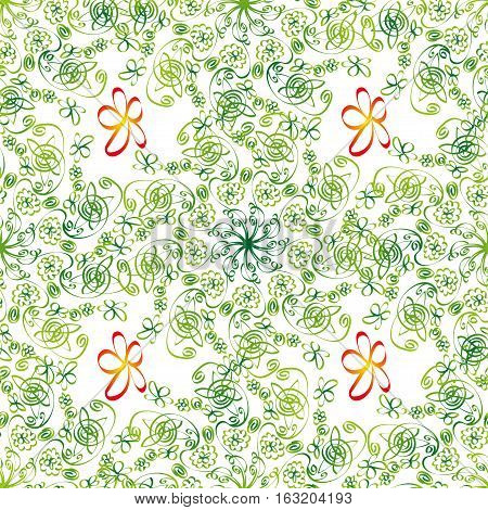 Spring pattern seamless. Fresh green pattern with spring flowers .