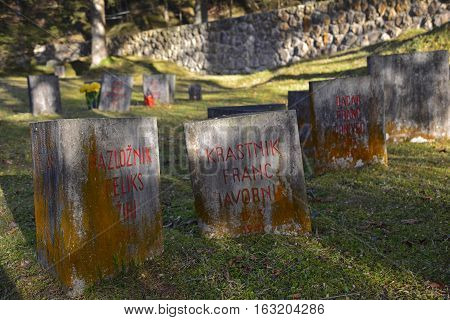 Begunje Slovenia - December 25th 2016. Gravestones at the Begunje Hostages Cemetery. The small cemetry is a World War Two memorial.