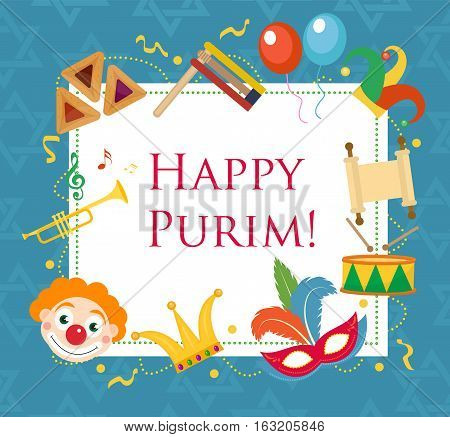 Happy Purim, template greeting card, poster, flyer, frame for text. Purim Jewish holiday, carnival Vector illustration