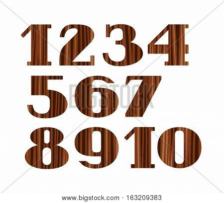 Numbers, wood grain, imitation, white background, vector. Colored, flat numbers with serifs on a white background. Imitation wood texture.