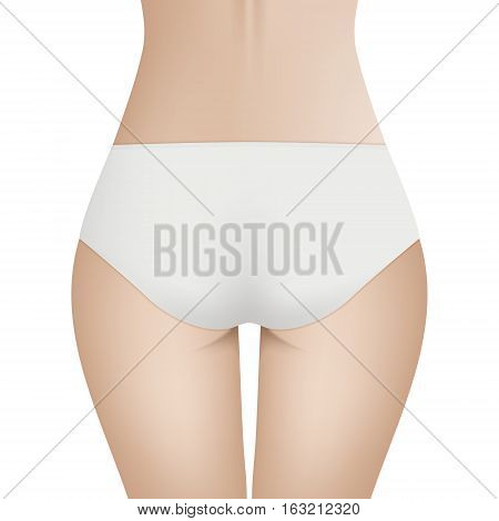 Beautiful woman s body in white bikini panties. Realistic vector template for design. Women health and intimate hygiene concept. EPS10 illustration.
