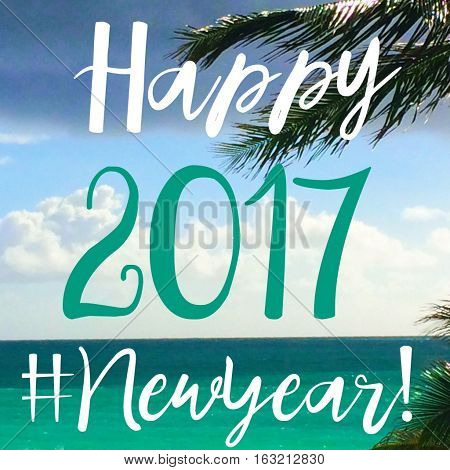 Tropical travel adventure Happy New Year 2017 words written over ocean with multi color turquoise ocean and palm tree Year 2017 written over the clouds social media hashtag #newyear2017 network sharing image for community friends and followers