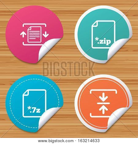 Round stickers or website banners. Archive file icons. Compressed zipped document signs. Data compression symbols. Circle badges with bended corner. Vector