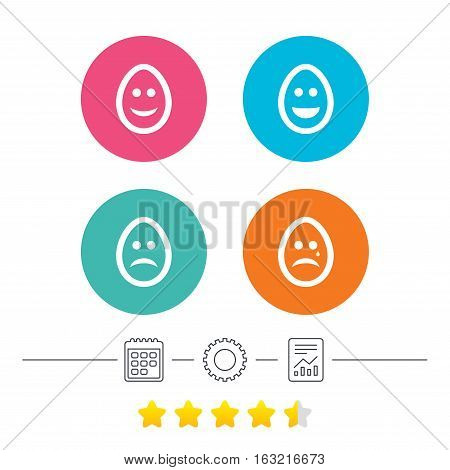 Eggs happy and sad faces icons. Crying smiley with tear symbols. Tradition Easter Pasch signs. Calendar, cogwheel and report linear icons. Star vote ranking. Vector