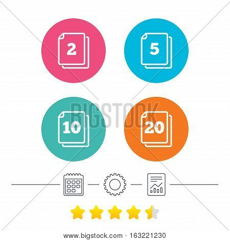 In pack sheets icons. Quantity per package symbols. 2, 5, 10 and 20 paper units in the pack signs. Calendar, cogwheel and report linear icons. Star vote ranking. Vector