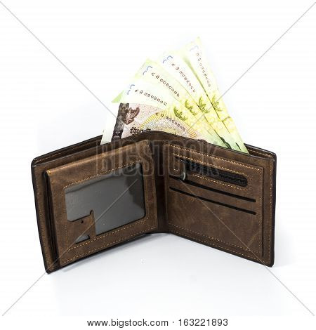 Bath bill in the brown wallet on white background.