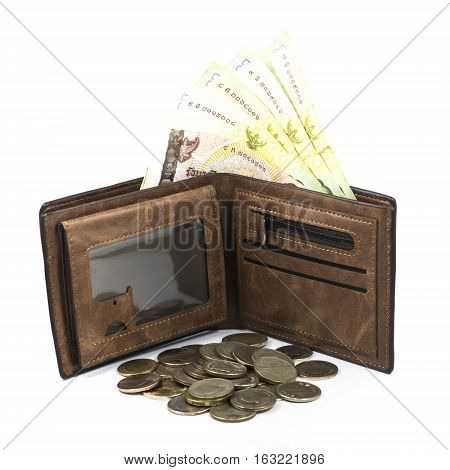 Bath bill in the brown wallet and coin on white background.