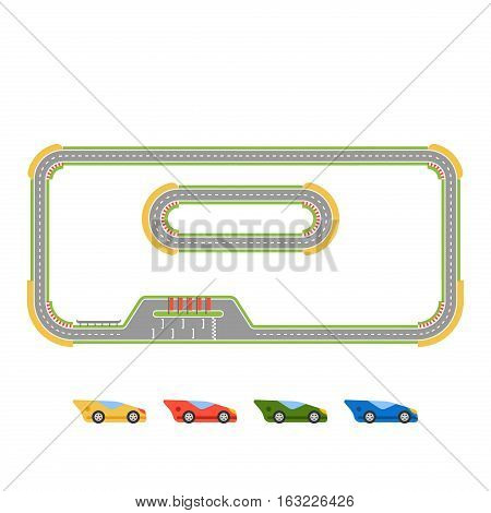 Race track curve road vector. Top view of car sport competition constructor symbols. Circuit transportation tire speedway line. Automobile highway flare formula finish.