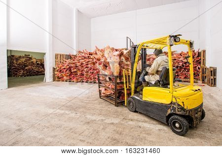 Stored frozen meat at a meat factory before processing