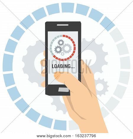 Vector concept quick update of new programs and applications. Smartphone in hand and circle uploading status bar on screen mobile. Banner in flat style