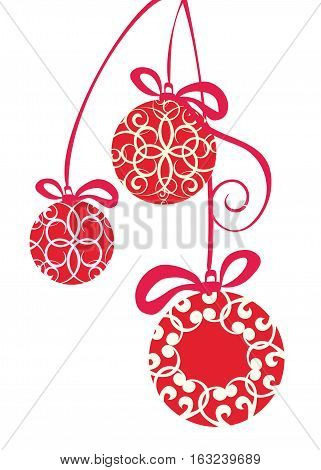 Red Christmas balls ornaments with ribbon and bows vector illustration.