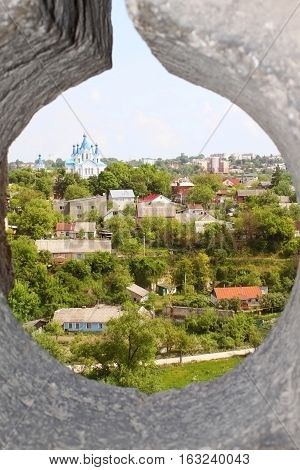 Nce view through loophole in fort in Kamjanets-Podolsk, Ukraine