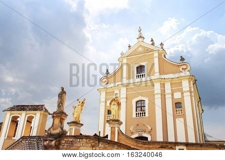 Catholic cathedral with statues in Kamjanets-Podolsk, Ukraine