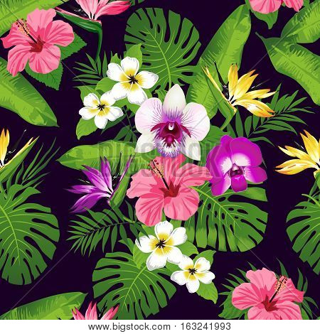 Tropical flowers and leaves on dark background. Seamless. Vector.