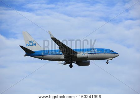 Amsterdam the Netherlands - July 15th 2016: PH-BGG KLM Royal Dutch Airlines Boeing 737 approaching Polderbaan runway at Schiphol Amsterdam Airport arriving from London Valencia Spain