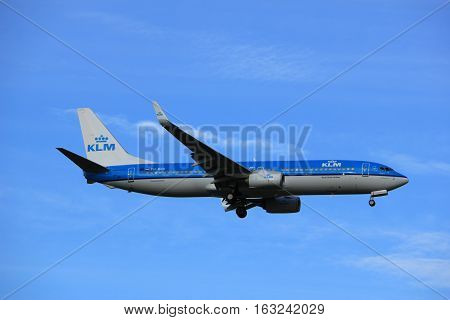 Amsterdam the Netherlands - July 15th 2016: PH-BCE KLM Royal Dutch Airlines Boeing 737 approaching Polderbaan runway at Schiphol Amsterdam Airport arriving from Lisbon Portugal
