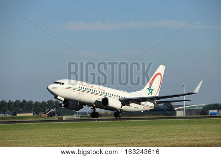 Amsterdam the Netherlands - August 18th 2016: CN-RNR Royal Air Maroc Boeing 737-7B6 taking off from Polderbaan Runway Amsterdam Airport Schiphol