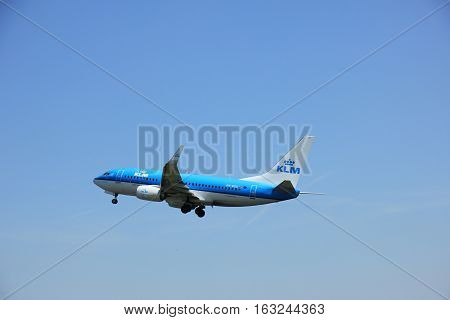 Amsterdam The Netherlands - June 12 2015: PH-BGU KLM Royal Dutch Airlines Boeing 737-700 takes of from Amsterdam Airport Polderbaan runway.