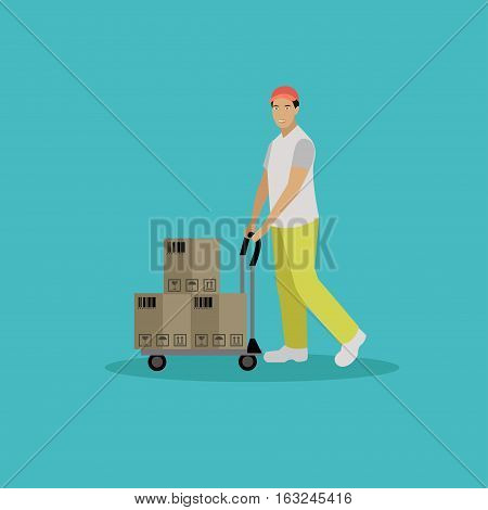Logistic and delivery service concept banner. Vector illustration in flat style design. Delivery man working in warehouse and shipping products.