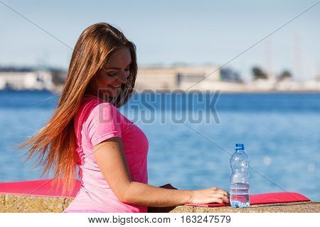 Woman Drinking Water After Sport Gym Outdoor