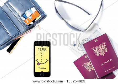 Preparation for a travel. Passport, Wallet, Visa, Credit kart,