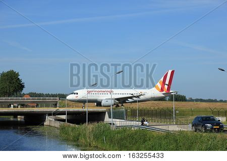 Amsterdam the Netherlands - June 9th 2016: D-AKNO Germanwings Airbus A319 taxiing to Polderbaan runway Schiphol destination Stuttgard Germany