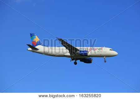 Amsterdam the Netherlands - July 15th 2016: LY-SPF Small Planet Airlines Airbus A320-214 approaching Polderbaan runway at Schiphol Amsterdam Airport arriving from Las Palmas Spain